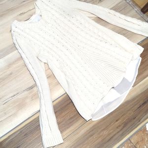 Cream sweater with chiffon and lacing detail